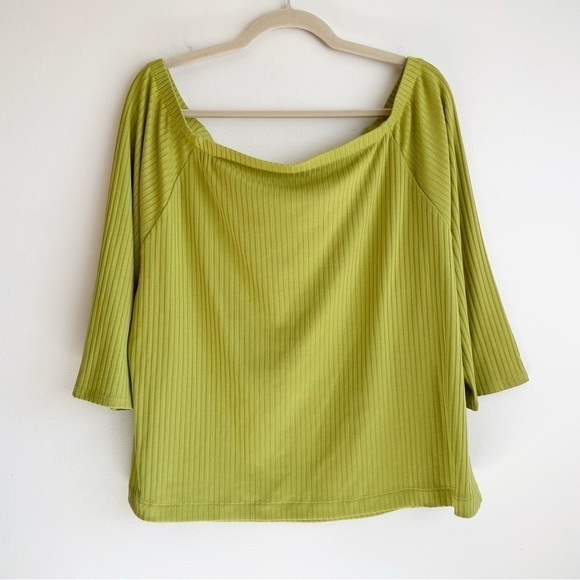 2X Soft Surroundings lime green off shoulder blouse ribbed Top blouse 3/4 sleeve - Picture 1 of 10